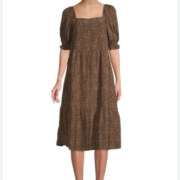 Saks Fifth Avenue WOMEN'S SQUARE NECK ELBOW-SLEEVE TIERED DRESS IN LEOPARD - Picture 1 of 8